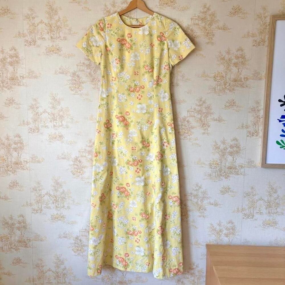 Vintage 60s 70s Yellow Floral Maxi Dress Mod Cottagecore Retro Feminine Size M